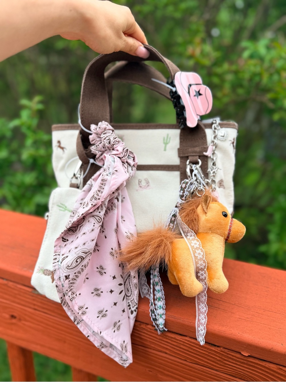 Madden Girl Brown/Cream Mini Tote Western Embroidered Zip Logo Charm Strap